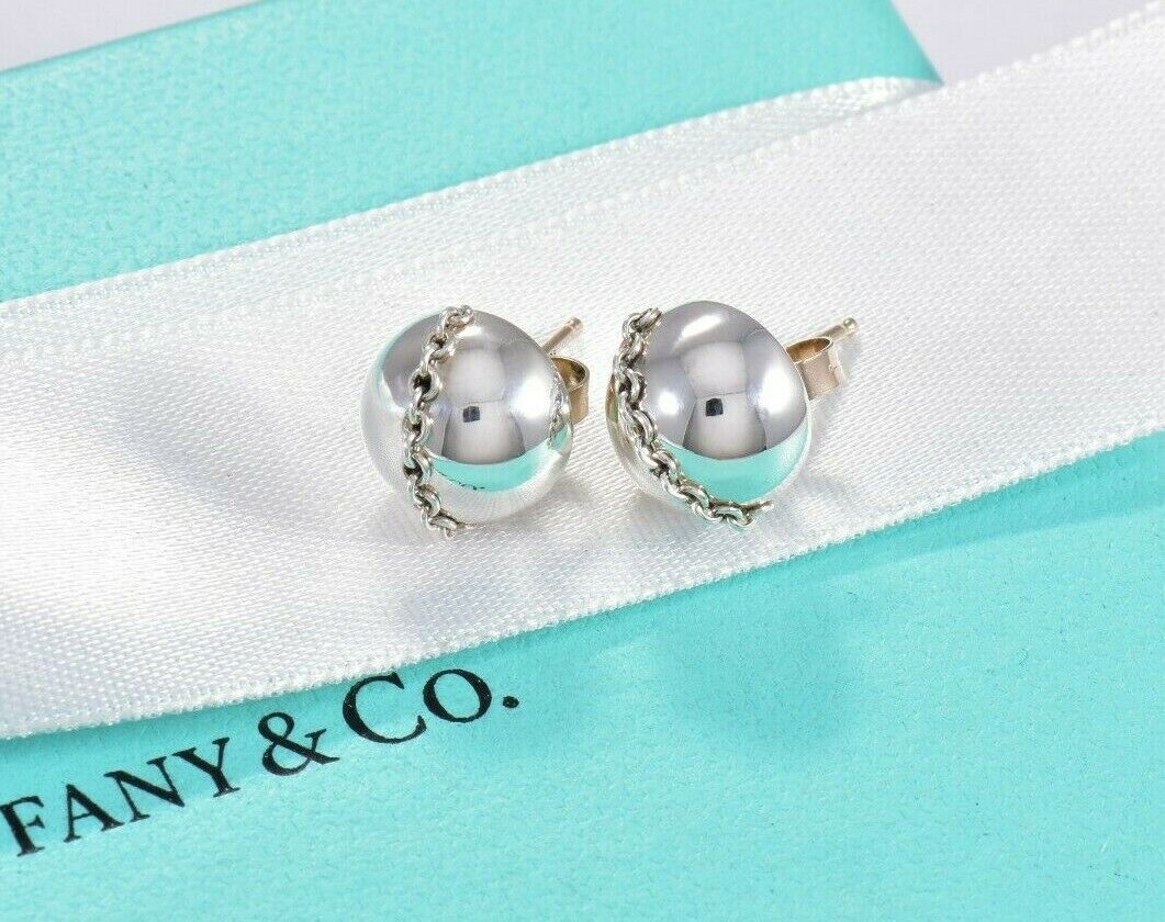 Tiffany & Co Sterling Silver HardWear Bolt Bead Stud Earrings & Box Pouch Ribbon