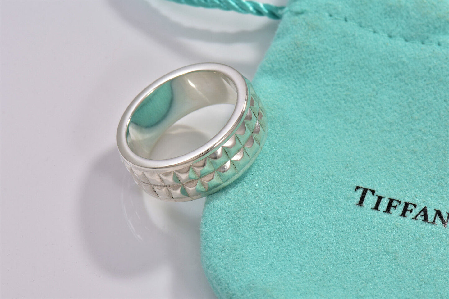 Tiffany & Co Germany Sterling Silver Wide Stud Band Size 8 Ring in Box Pouch