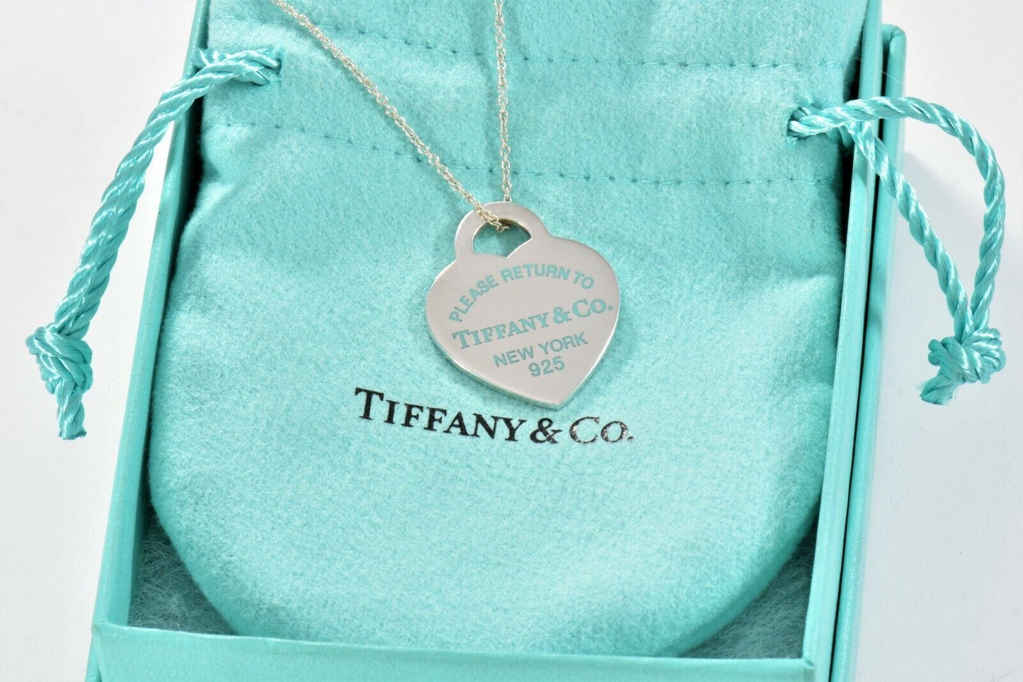 Please Return To Tiffany & Co Silver Heart Blue Enamel Letters 16" Necklace Rare