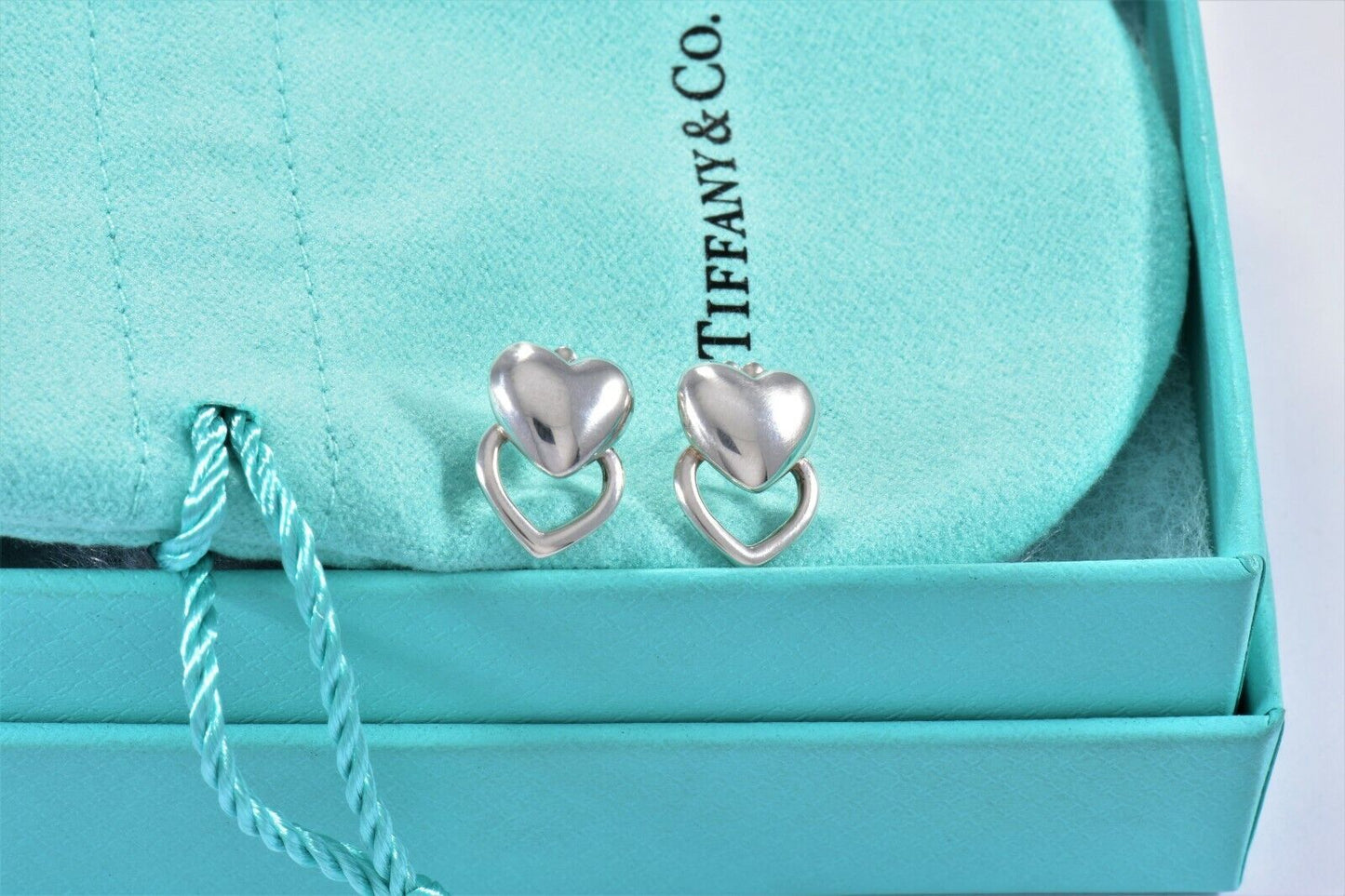 Tiffany & Co Silver Double Heart Stencil Puff Earrings and Pouch Lovely Stud