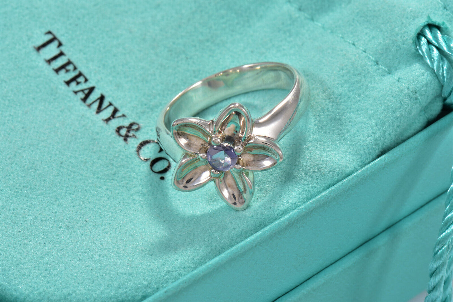 Tiffany & Co Silver Purple Iolite Gem Bead Daisy Flower Lily Blossom Ring Size 8