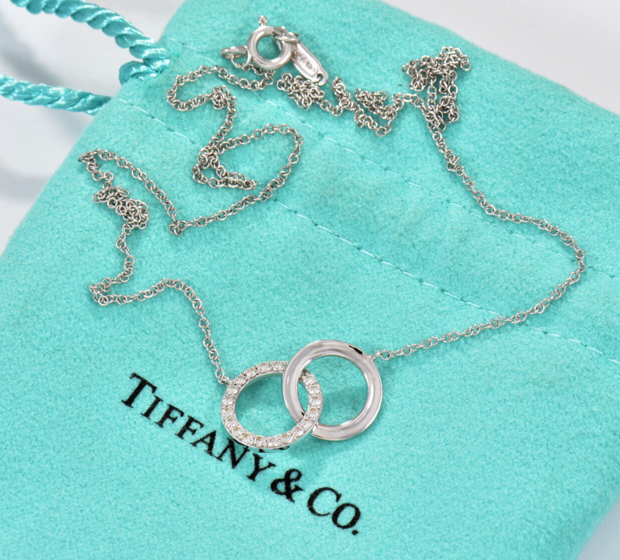 Tiffany & Co Diamond 18k White Gold Interlocking Circles Rings Pendant Necklace