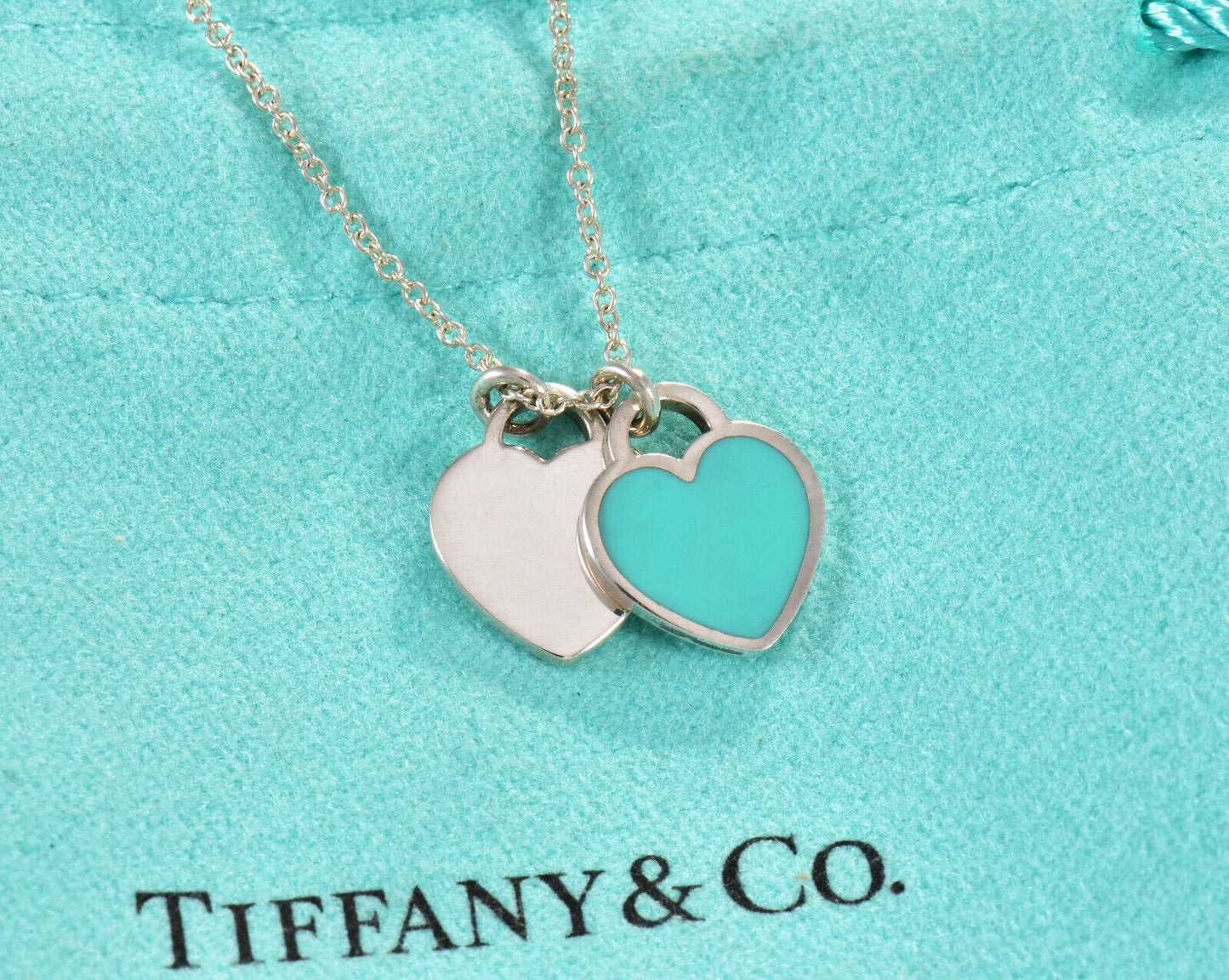 Return Tiffany & Co Diamond Silver Mini Double Heart Blue Enamel Necklace in Box