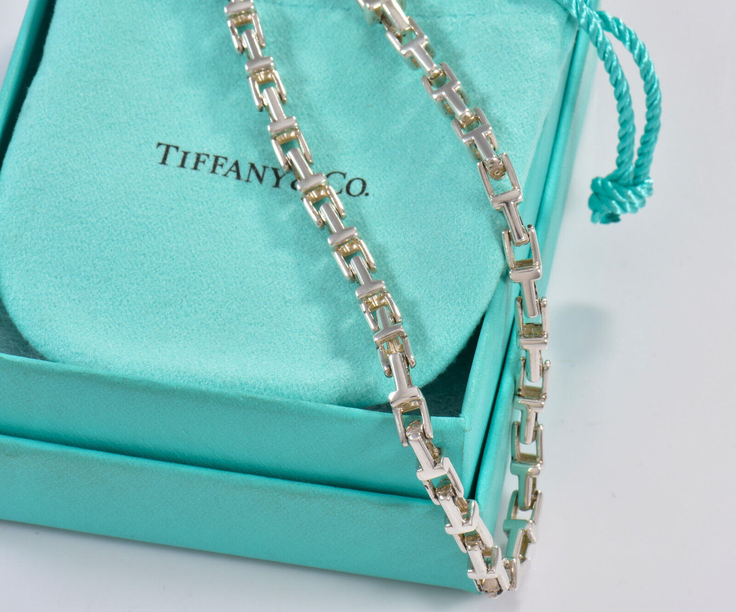 Tiffany & Co Silver Narrow Small T Square Link 20" Necklace in Box Pouch Rare