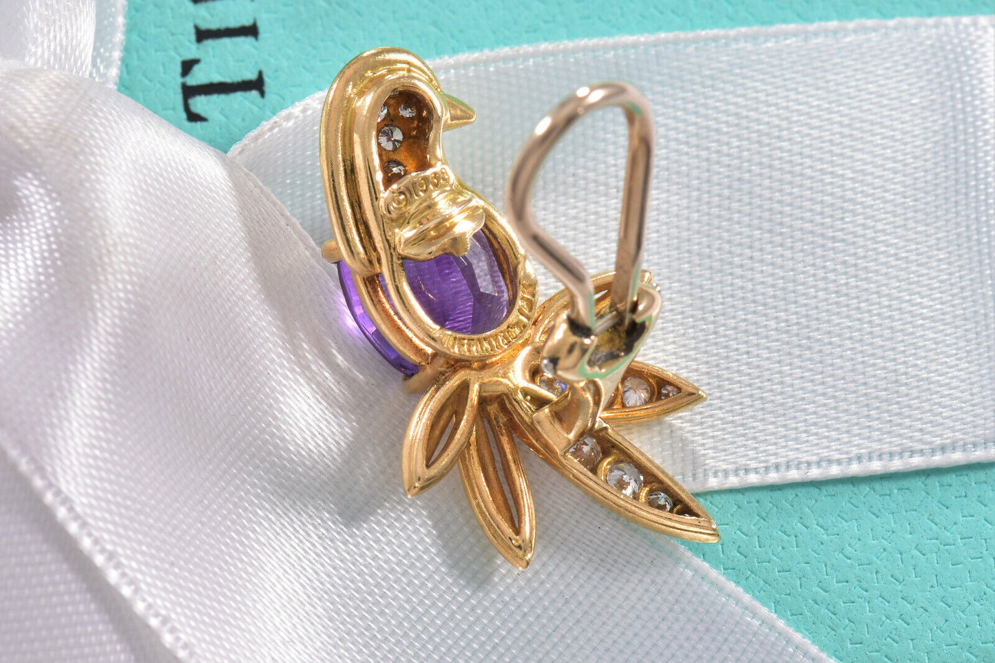 Tiffany & Co 18K Yellow Gold Birds of Paradise Diamond Amethyst Earrings Clip On