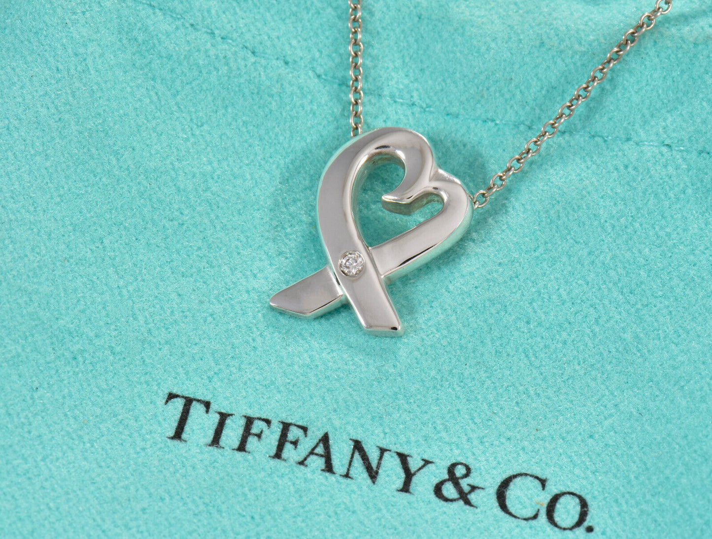 Tiffany & Co Silver Diamond Paloma Picasso Loving Heart Pendant Necklace in Box