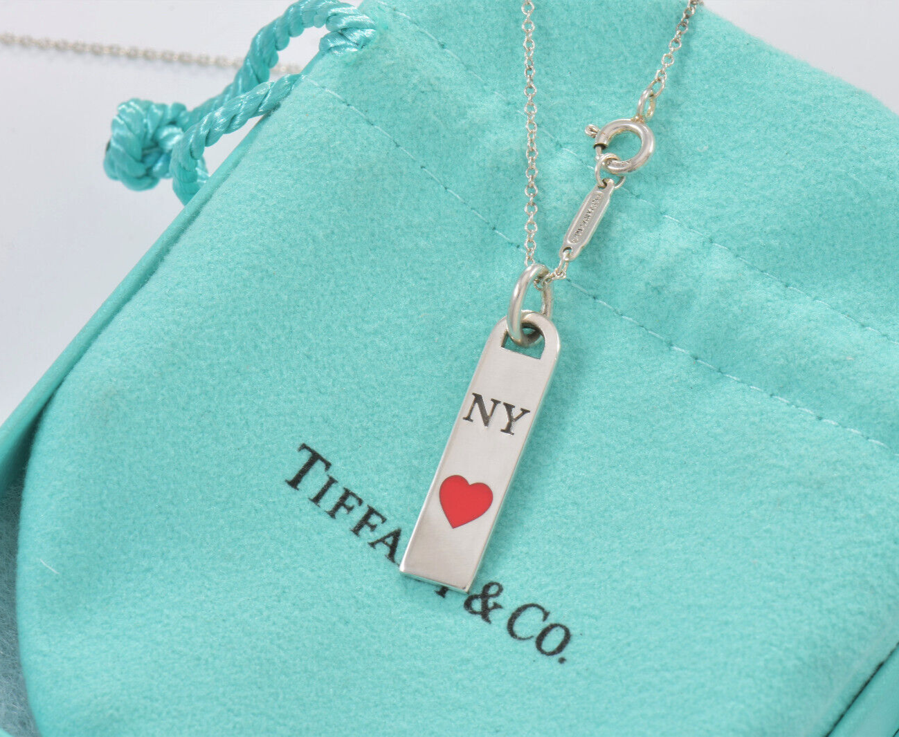 Tiffany & Co Silver Red Enamel NY Heart Bar Pendant 18" Necklace in Pouch Rare