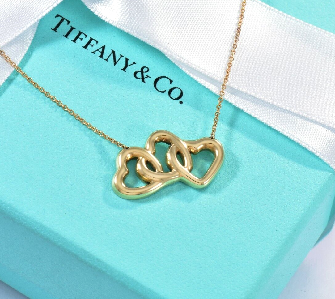 Tiffany & Co 18K Yellow Gold Three Heart Pendant 19" Love Necklace in Box Pouch