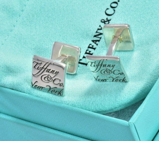 Tiffany & Co Sterling Silver Notes Wavy Square Cufflinks & Pouch Men Suit Pilot