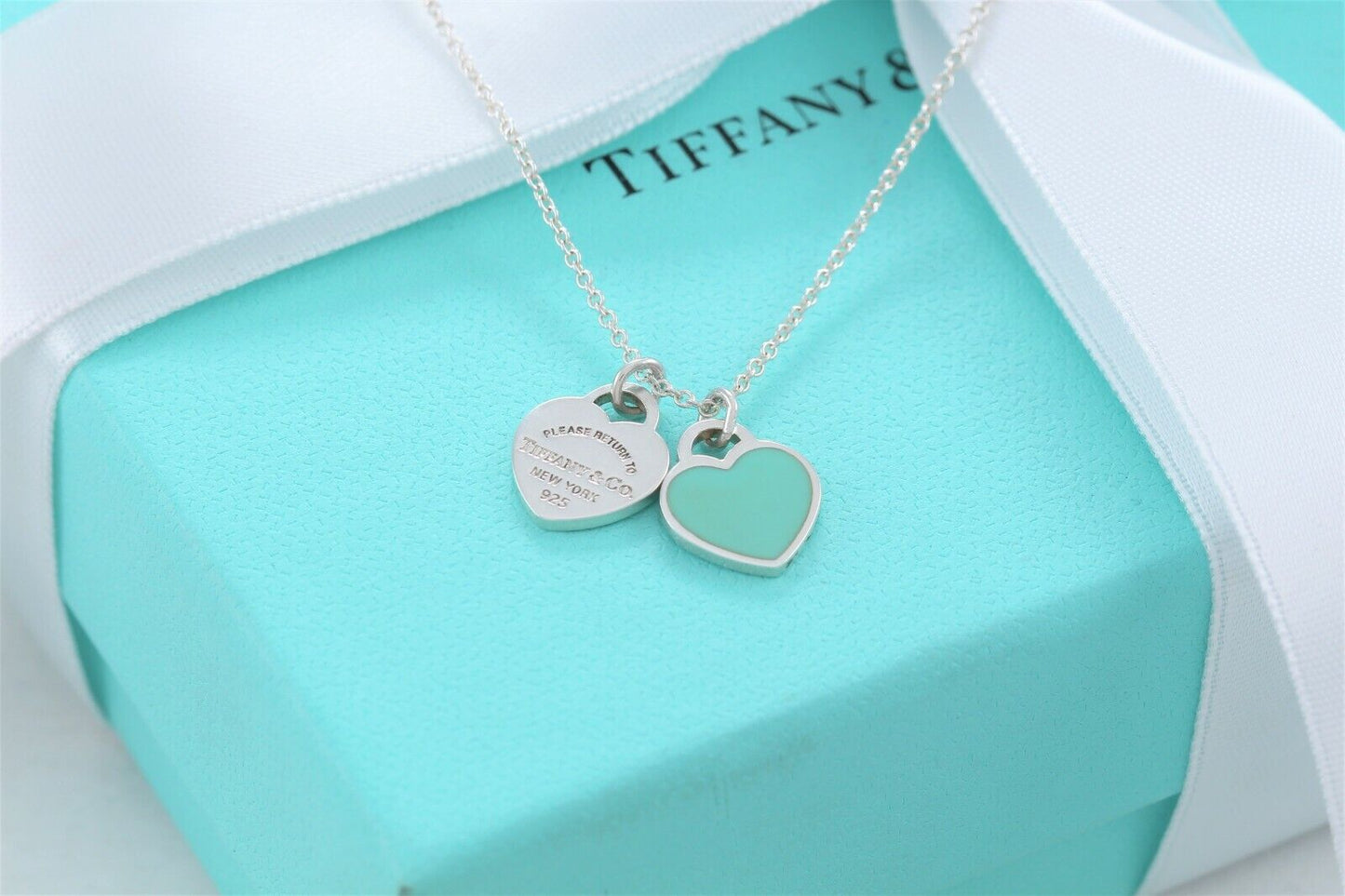 Please Return To Tiffany & Co Silver Mini Double Heart Blue Enamel 16" Necklace