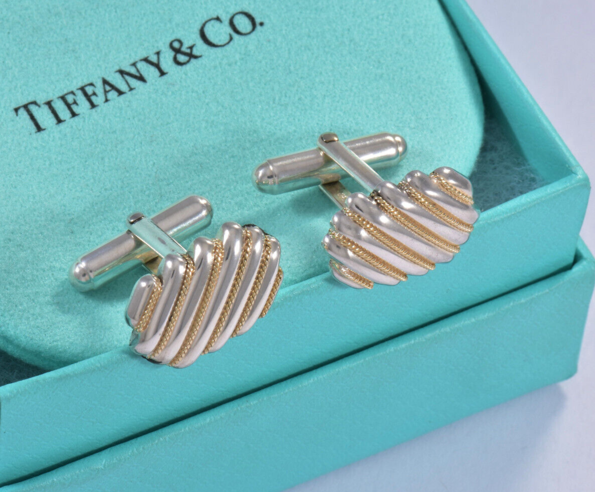 Tiffany & Co 18k Gold Silver Rope Rectangle Cufflinks in Pouch Mens Suit Square