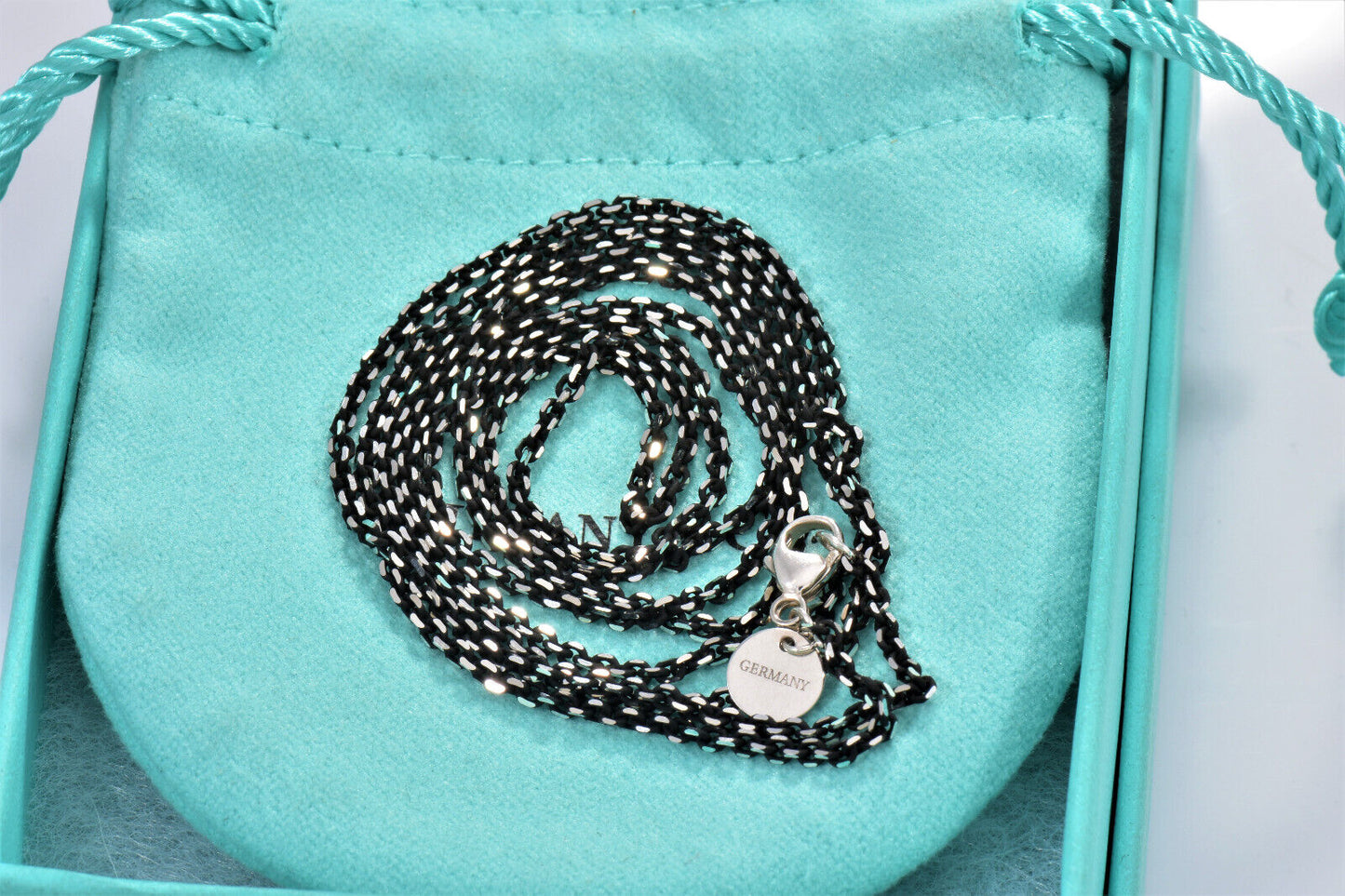 Tiffany & Co Sterling Silver Back Enamel Sparkle Chain Link Necklace & Box Pouch