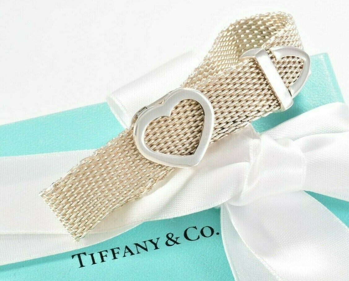 Tiffany & Co Silver Somerset Heart Mesh Belt Buckle 8.5" Bracelet & Pouch Rare