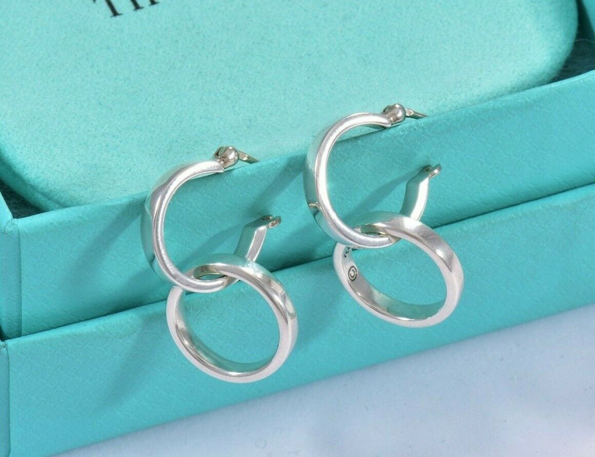 Tiffany & Co Silver 2 In 1 Paloma Picasso Interlock Hoop Dangle Earrings & Pouch