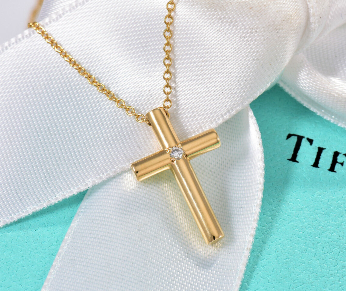 Tiffany & Co 18K Yellow Gold Diamond Cross Pendant 16" Necklace & Box Pouch Rare