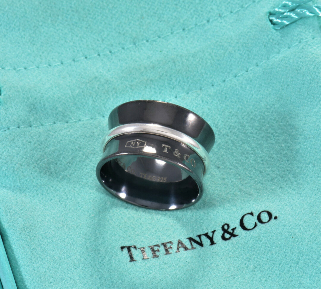 Tiffany & Co Titanium Silver 1837 Wide Concave Band Size 5.5 Ring & Pouch Unisex