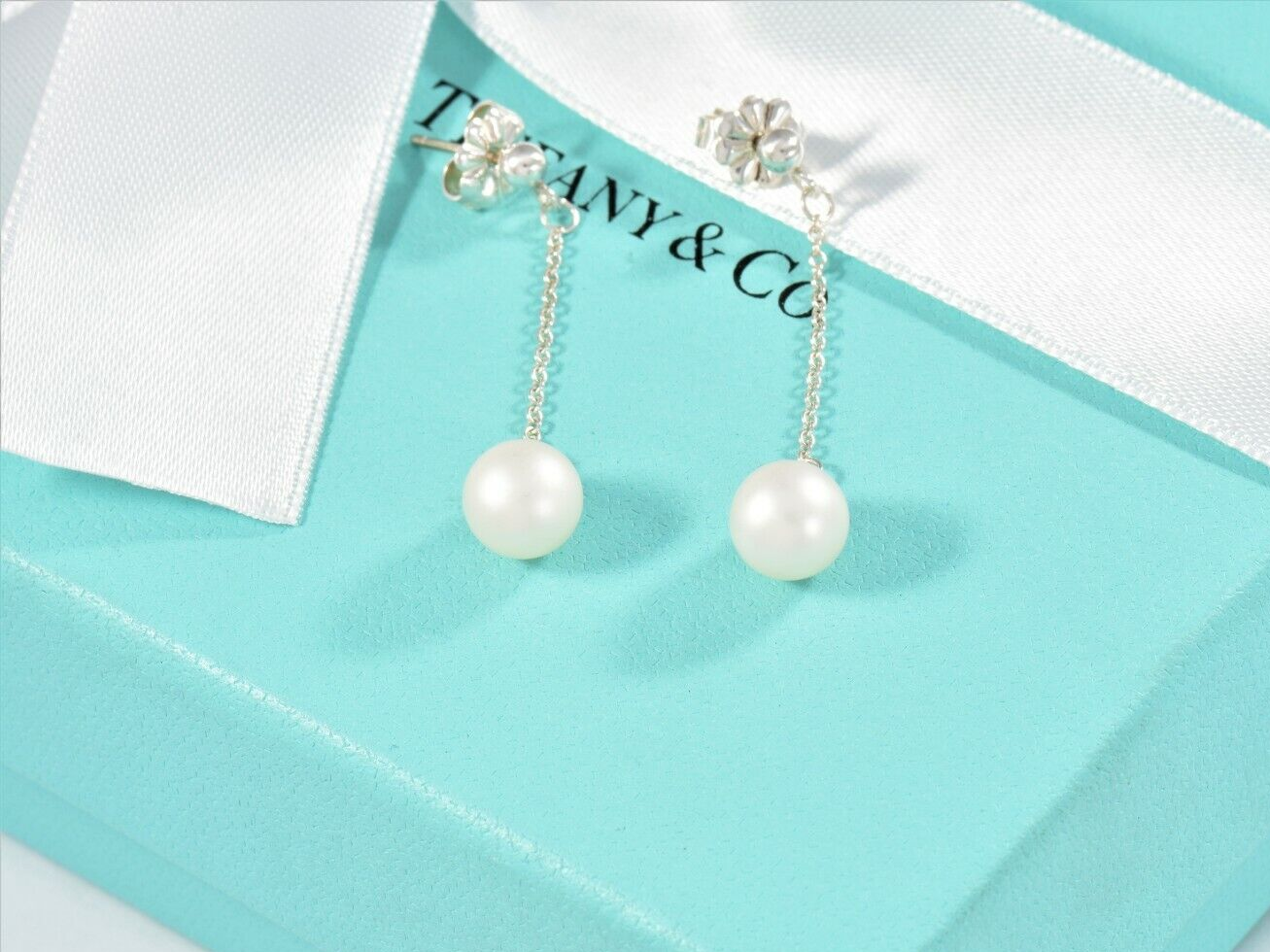 Tiffany & Co Sterling Silver Bead Pearl Drop Earrings in Box Pouch Dangle Rare