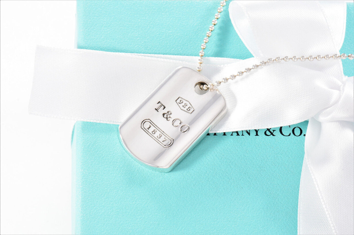 Tiffany & Co Silver 1837 DogTag Pendant 18.25" Bead Chain Necklace in Pouch Mens