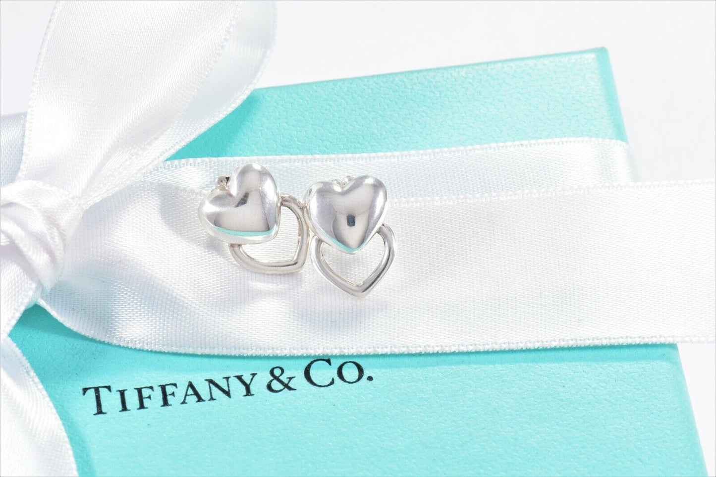 Tiffany & Co Silver Double Heart Stencil Puff Earrings and Pouch Lovely Stud