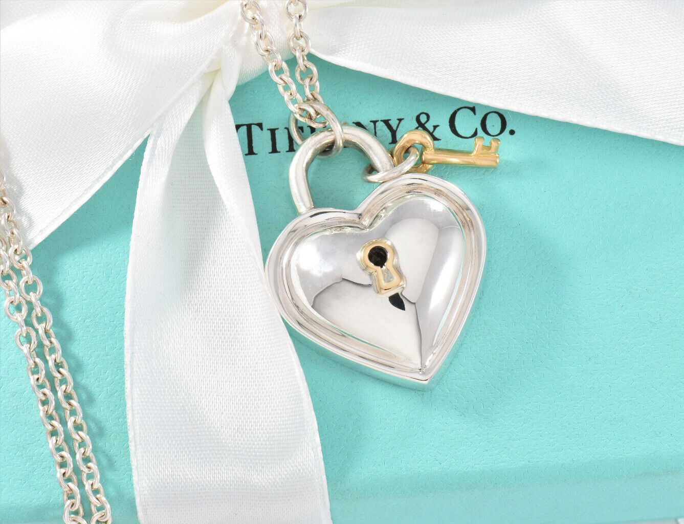 Vintage Tiffany & Co 18k Gold Silver Heart Key Lock Pendant 20.5" Chain Necklace