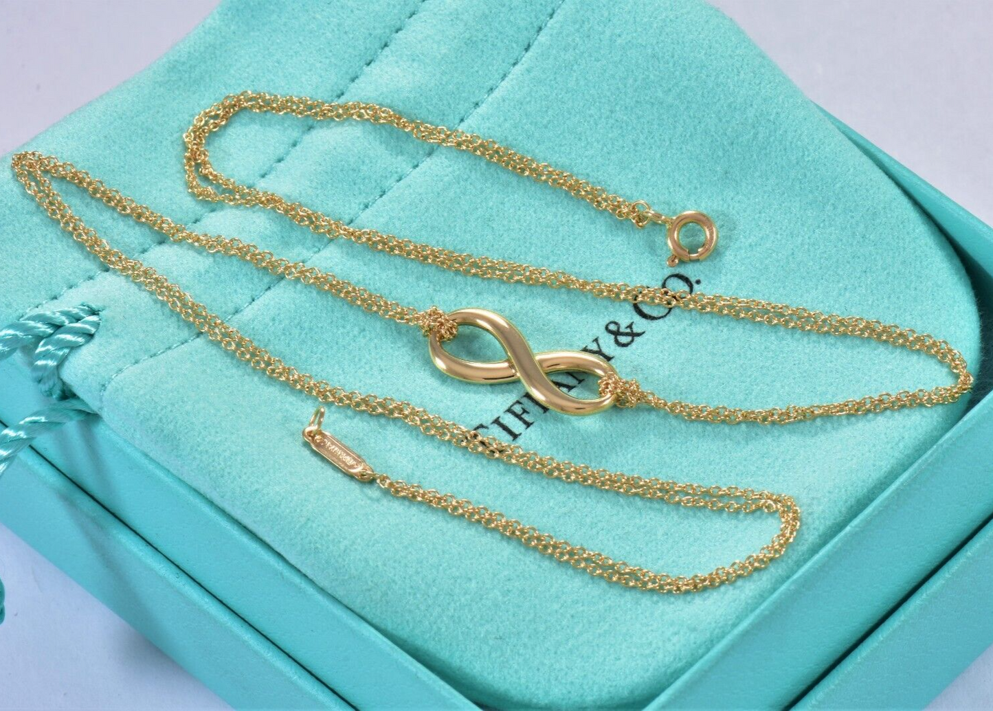 Tiffany & Co 18K Yellow Gold Infinity Pendant Double Chain Necklace in Box Pouch