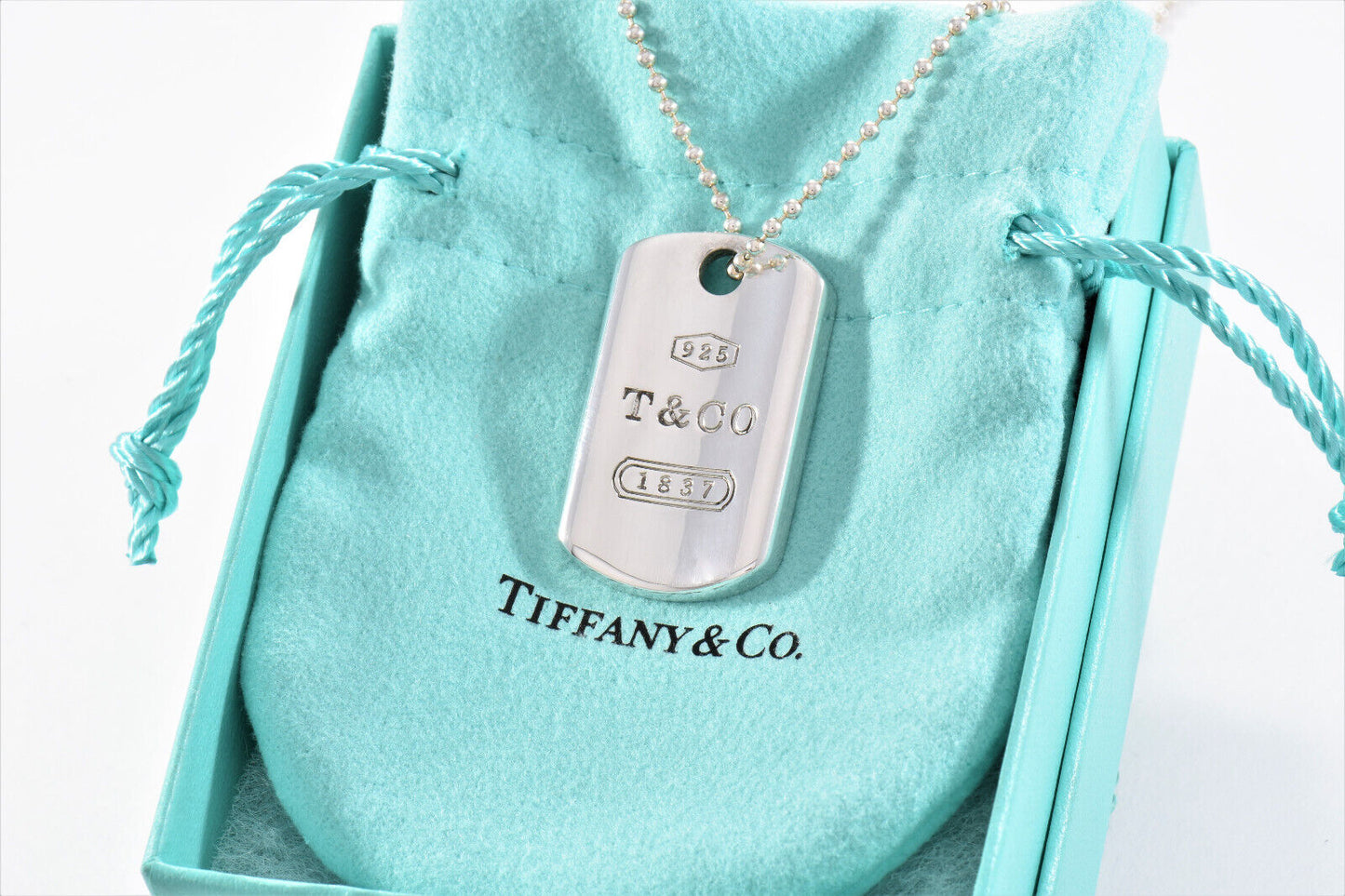 Tiffany & Co Silver 1837 DogTag Pendant 18.25" Bead Chain Necklace in Pouch Mens