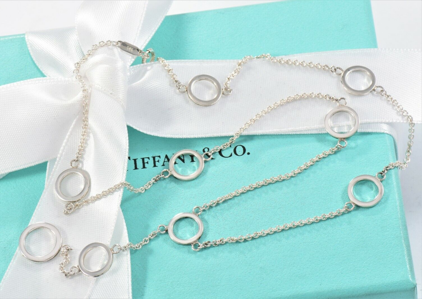 Tiffany & Co Sterling Silver Ring Circles Chain Link Lariat Necklace & Box Pouch