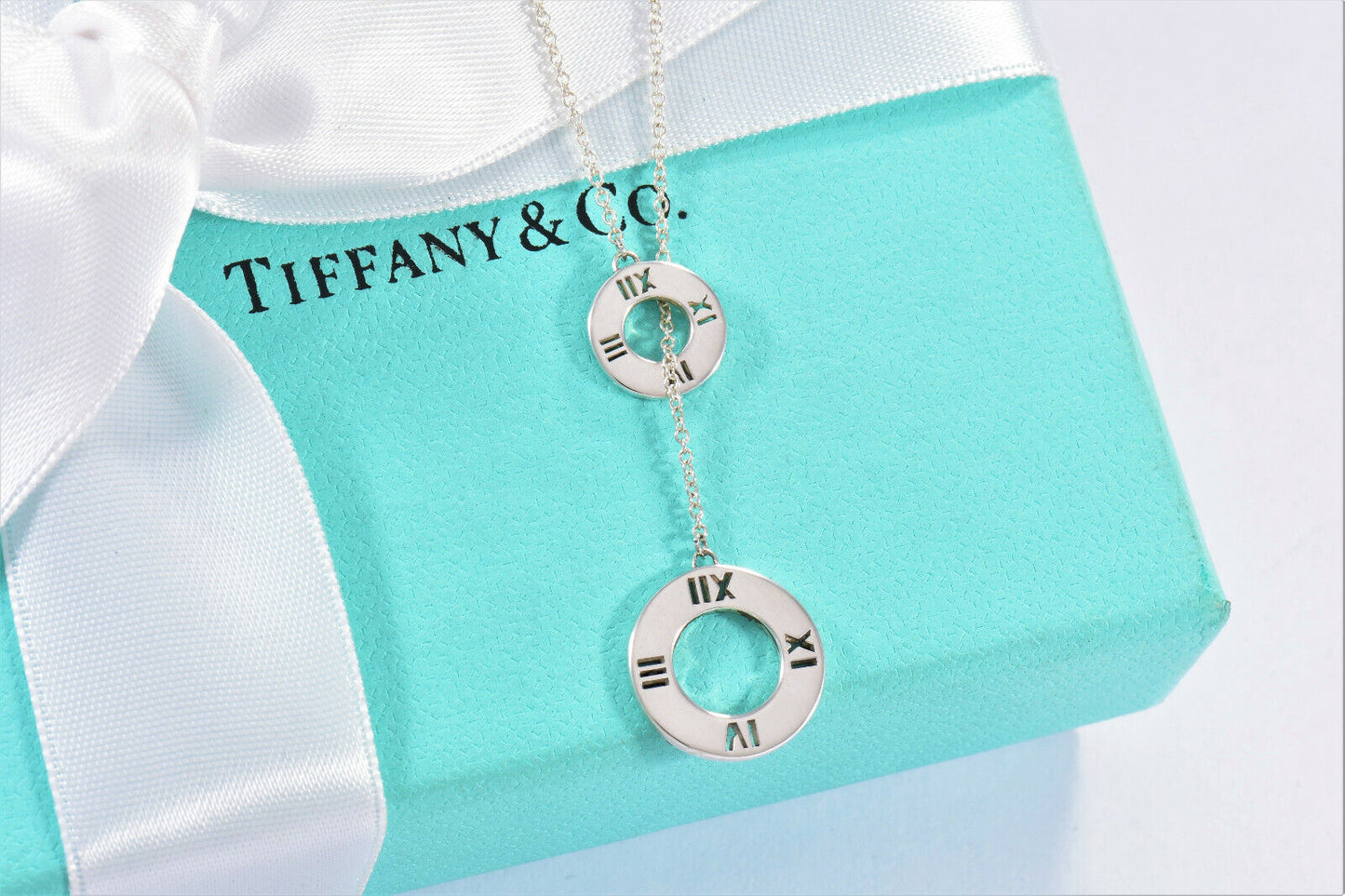 Tiffany & Co Silver Atlas Lariat Pendant Adjustable Necklace in Box Pouch Ribbon