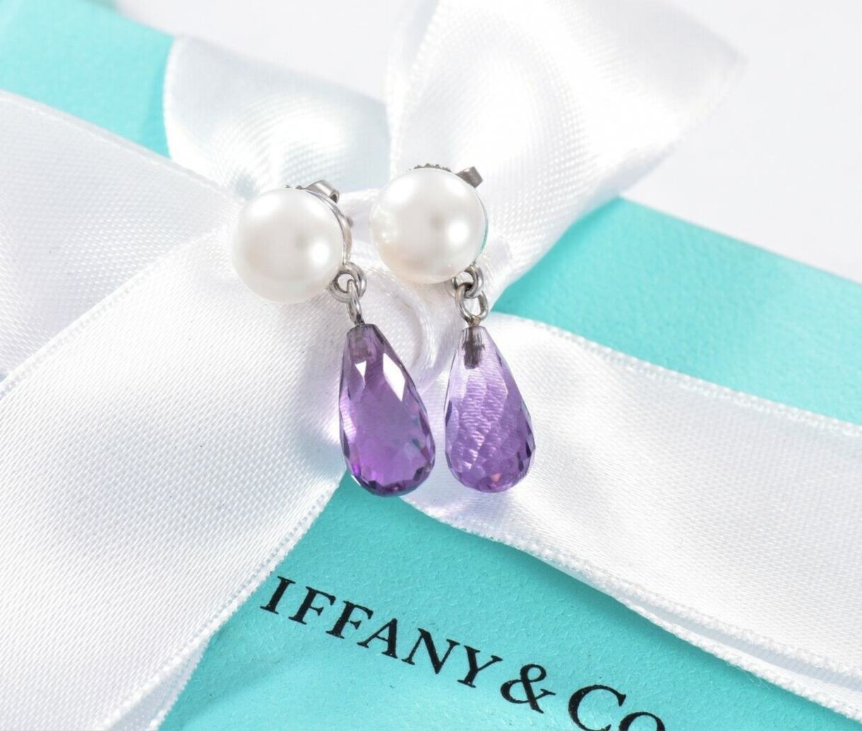 Tiffany & Co Amethyst 18K White Gold Pearl Drop Earrings Box Pouch Rare Dangling