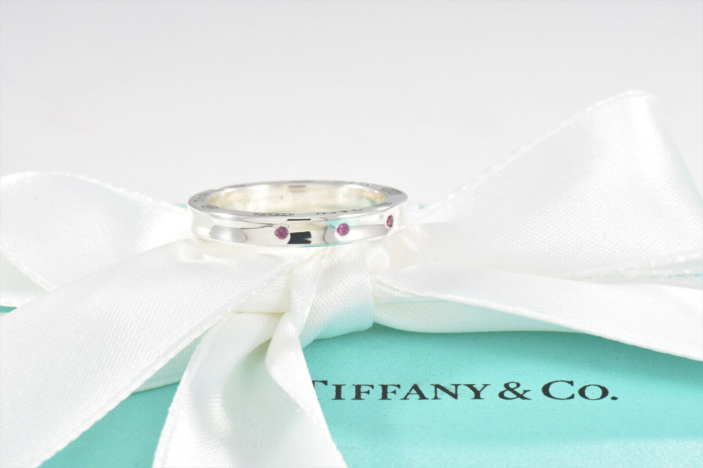 Tiffany & Co Silver 1837 Narrow 3 Pink Sapphire Band Stack Ring Size 5 in Pouch