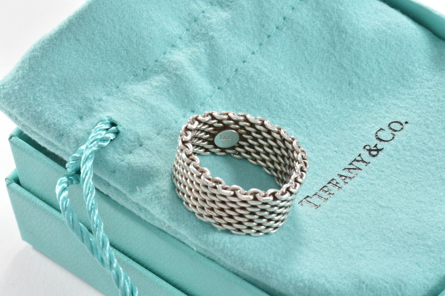 Tiffany & Co Somerset Sterling Silver Mesh Love Ring Sz 6.5 in Box Pouch Lovely