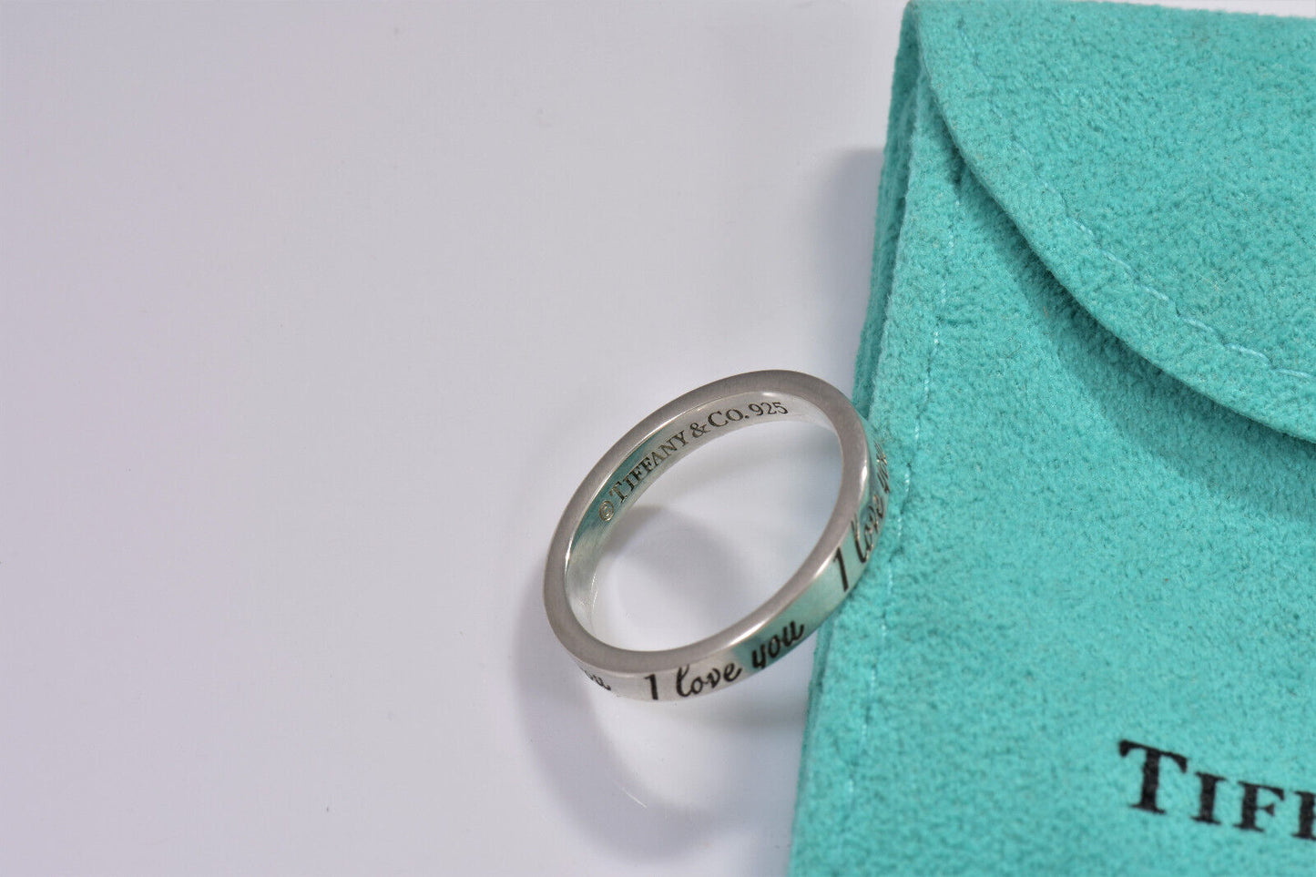 Tiffany & Co Sterling Silver I Love You Notes Narrow Band Ring Size 8.5 in Pouch