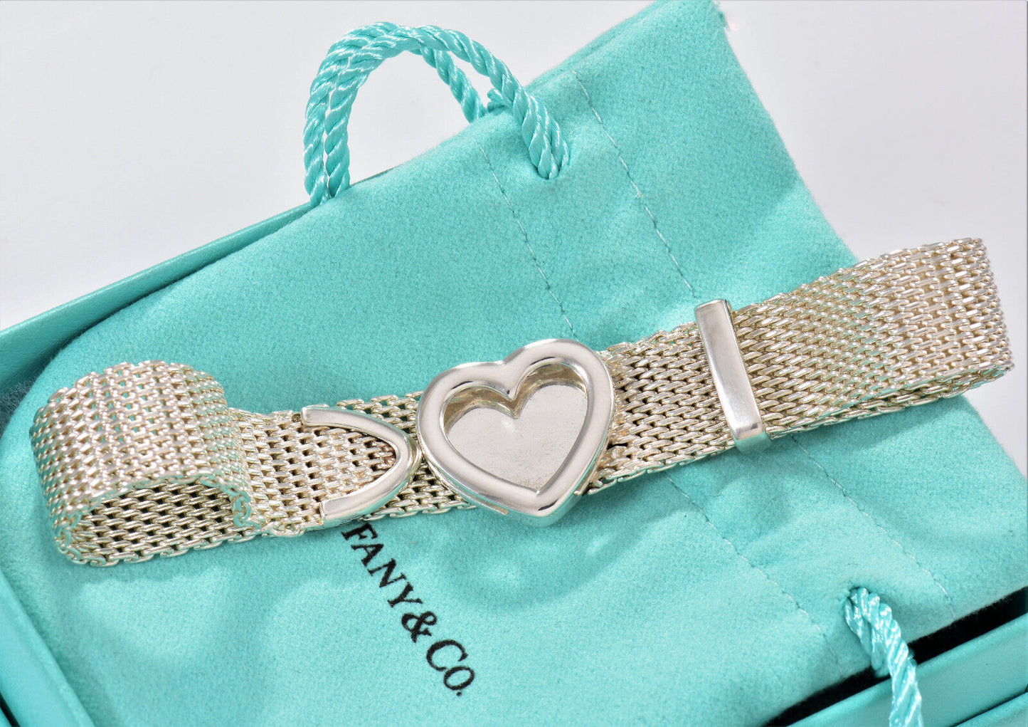 Tiffany & Co Silver Somerset Heart Mesh Belt Buckle 9" Bracelet in Pouch Rare