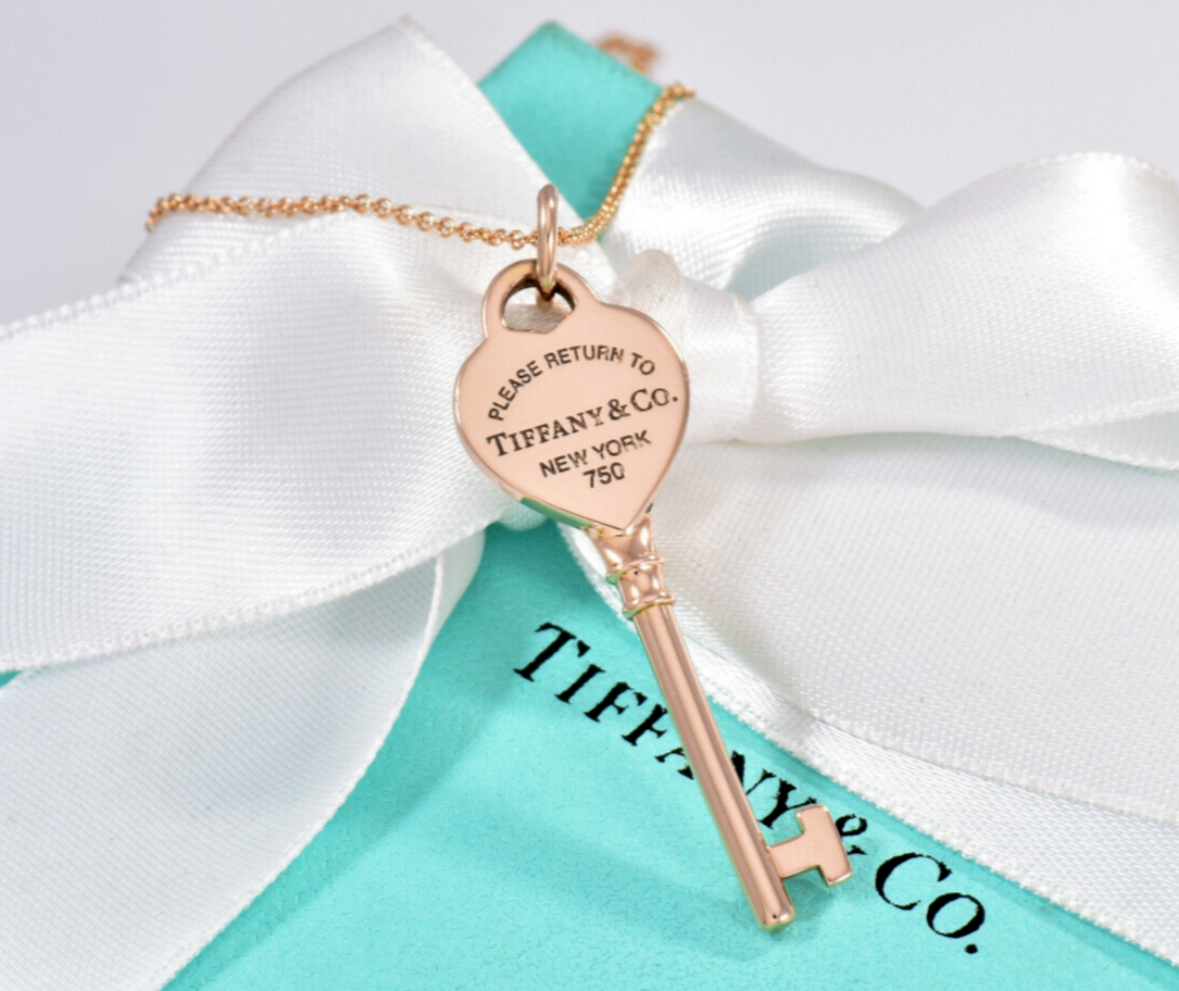 Please Return To Tiffany & Co 18K Rose Gold Heart Key Pendant 18" Necklace Boxed