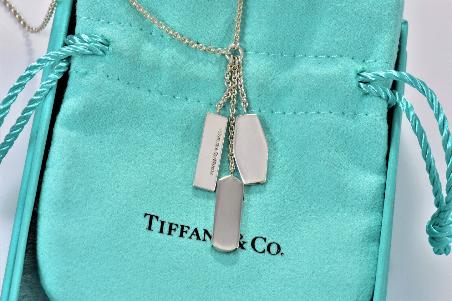 Tiffany & Co Silver 1837 Logo Elements Three Bar Pendant Modern Drop Necklace