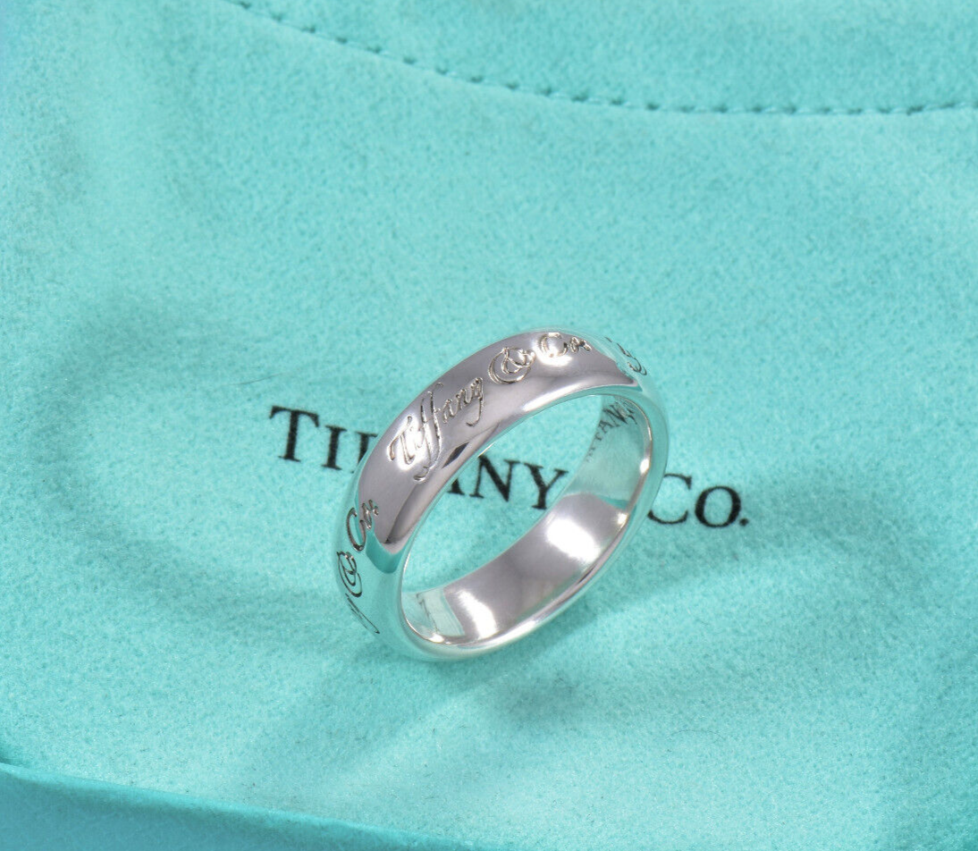 Classic Tiffany & Co Silver Notes Script Signet Wide Band Ring Size 6 Rare Pouch