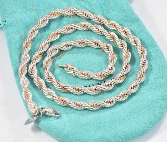 Tiffany & Co 18K Gold Silver 18" Rope Chain Necklace in Pouch Unisex Mens Twist