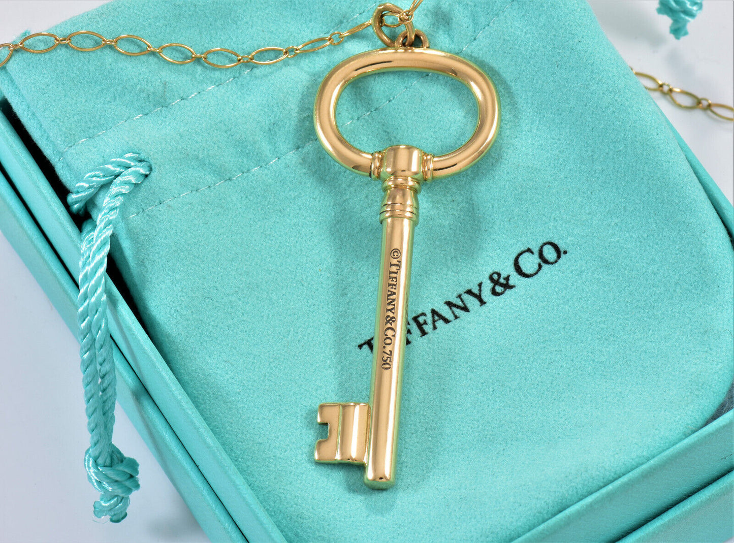 Tiffany & Co 18K Yellow Gold 2.5" Oval Key Pendant 24.25" Chain Link Necklace