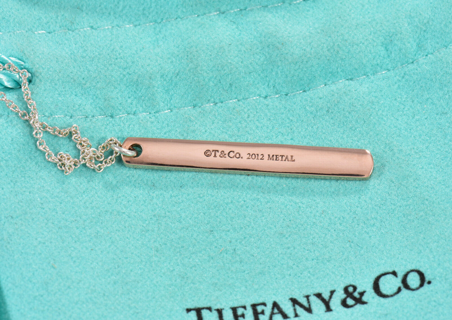 Tiffany & Co Rubedo Gold Sterling Silver 1837 Thin Bar Pendant Necklace in Box