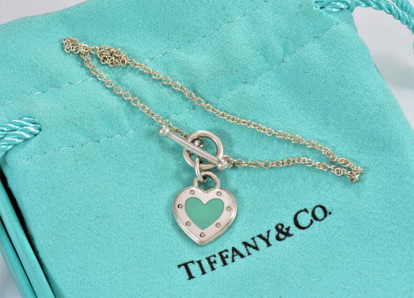 Return To Tiffany & Co Silver Blue Enamel Heart Charm Toggle 7.25" Bracelet Rare