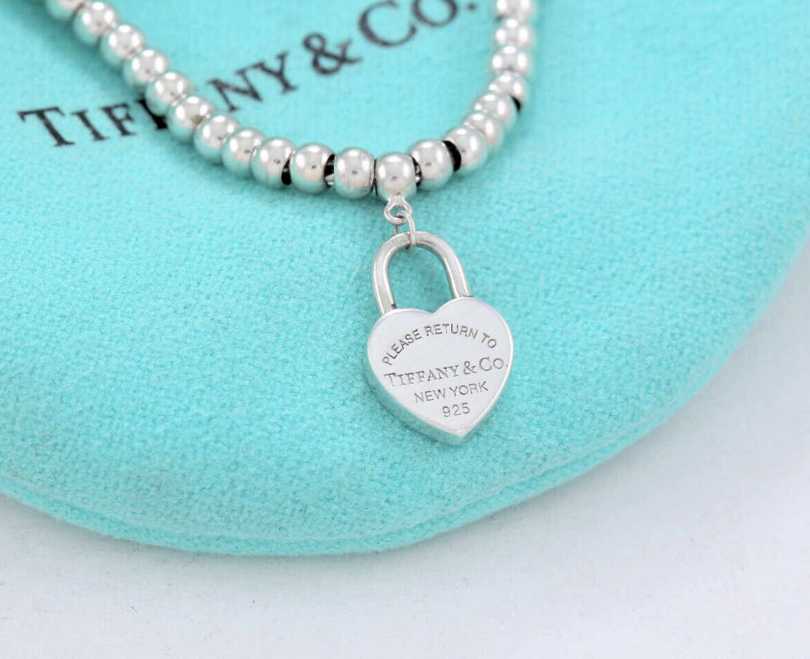 Please Return To Tiffany & Co Silver Heart Padlock Charm 7" Bead Bracelet Lock