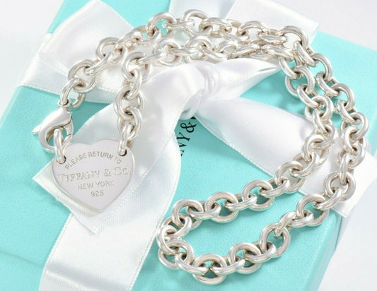 Please Return To Tiffany & Co Silver Heart Tag Chain Link Choker Necklace in Box