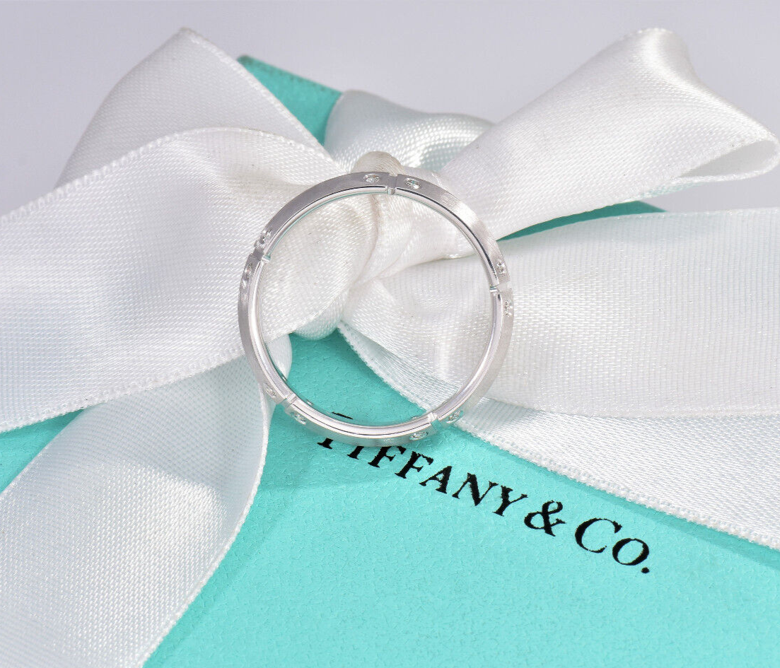 Tiffany & Co 18K White Gold Diamond Streamerica 5.5mm Wide Band Size 9.25 Ring