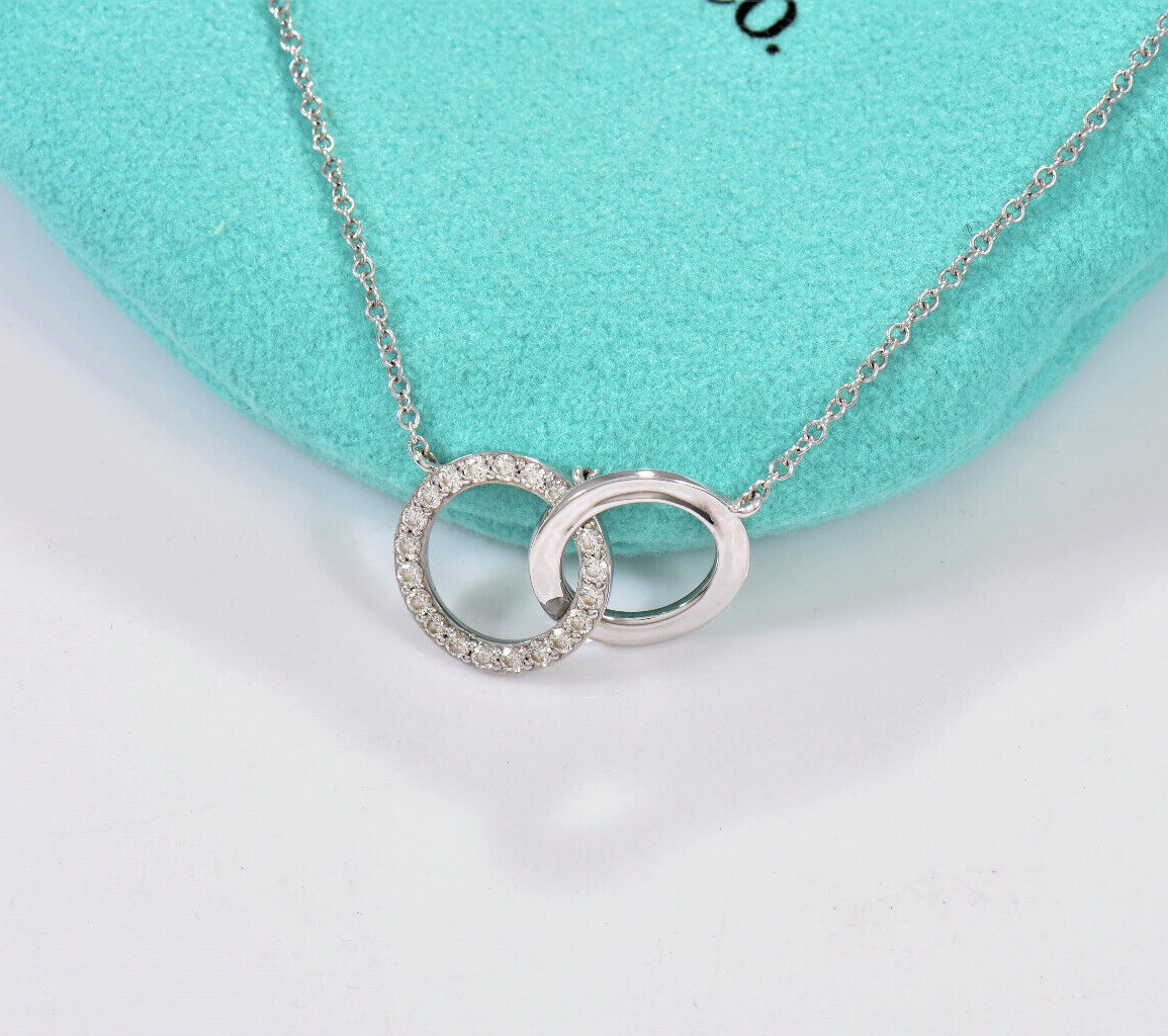 Tiffany & Co Diamond 18k White Gold Interlocking Circles Rings Pendant Necklace