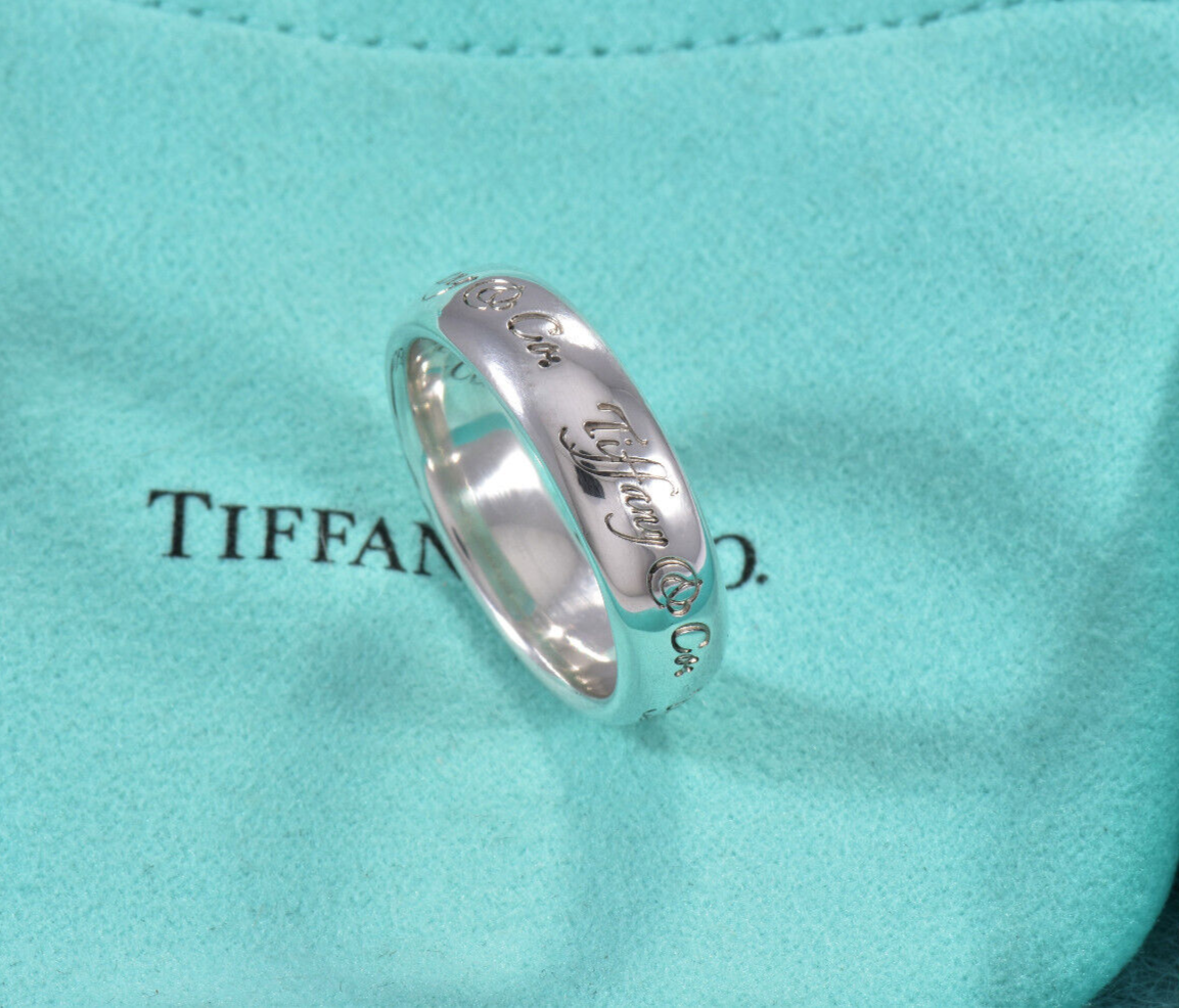 Classic Tiffany & Co Silver Notes Script Signet Wide Band Ring Size 6 Rare Pouch