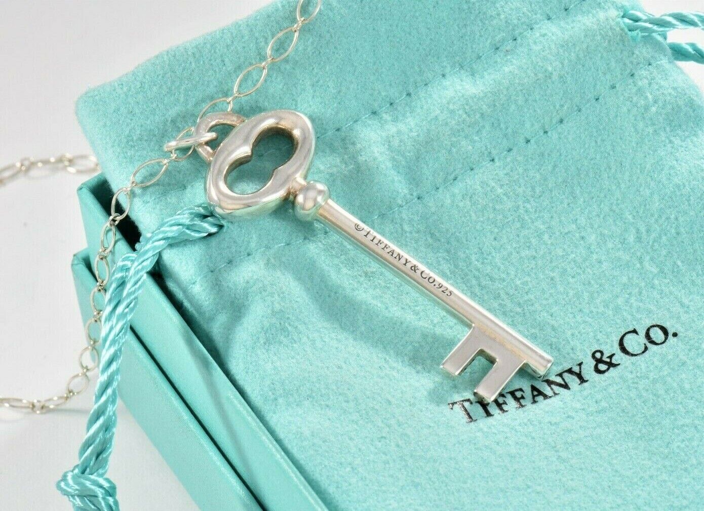 Tiffany & Co Silver Large 2" Oval Key Charm Pendant 18.5" Chain Necklace Pouch