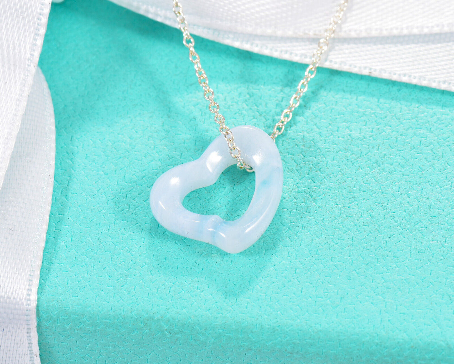 Tiffany & Co Silver Elsa Peretti Blue Agate Gem Open Heart Pendant 18" Necklace