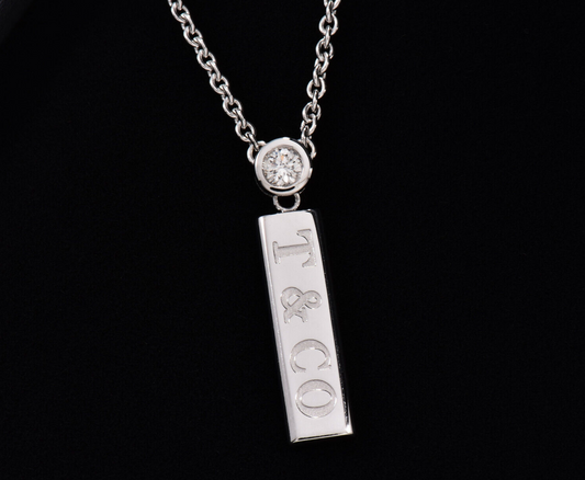 Tiffany & Co Diamond 18K White Gold Logo Bar Pendant 16.25" Necklace & Box Pouch