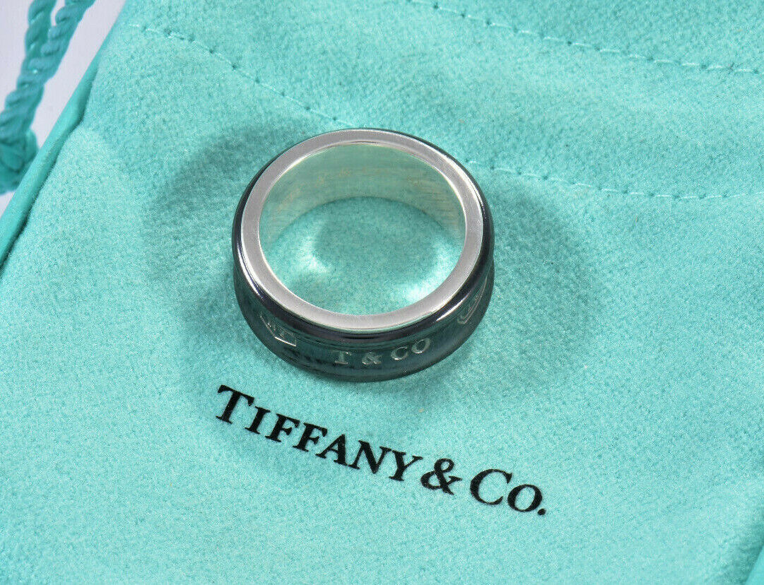 Tiffany & Co Silver Titanium 1837 8.5mm Wide Band Ring Size 5.5 in Pouch Mens