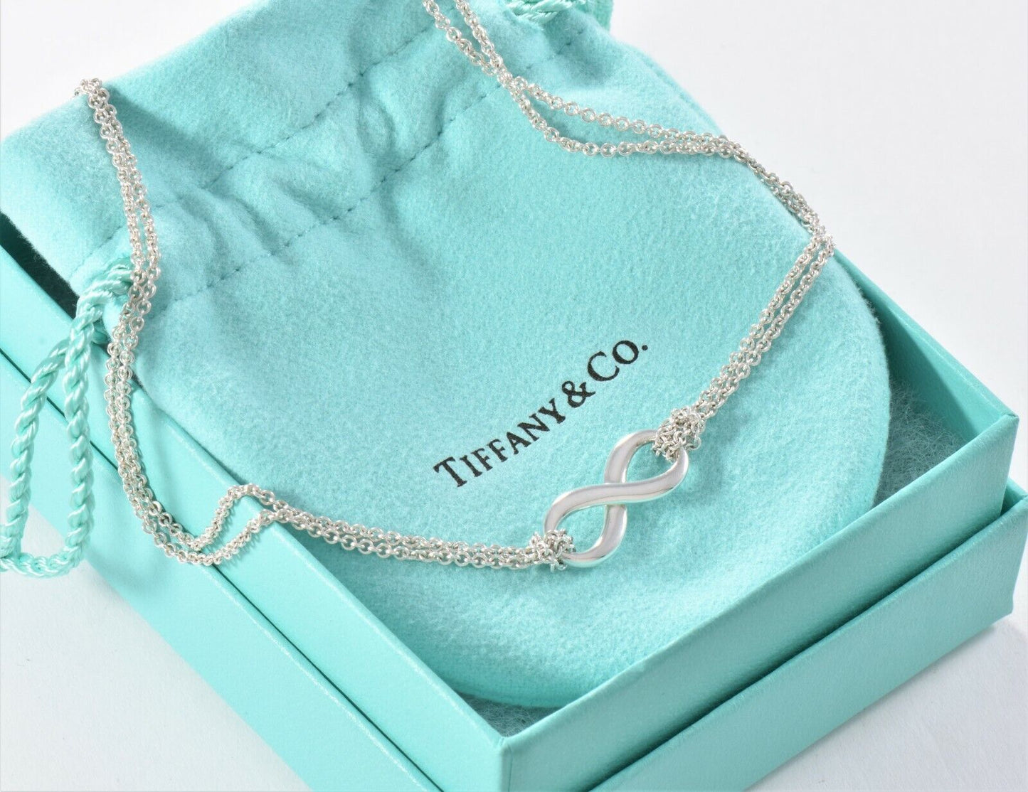 Tiffany & Co Silver Infinity Pendant 16" Double Chain Necklace in Box Pouch Card